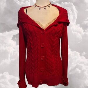 Style & Co Red Cable Knit Button Up Sweater Trendy Preppy Size M